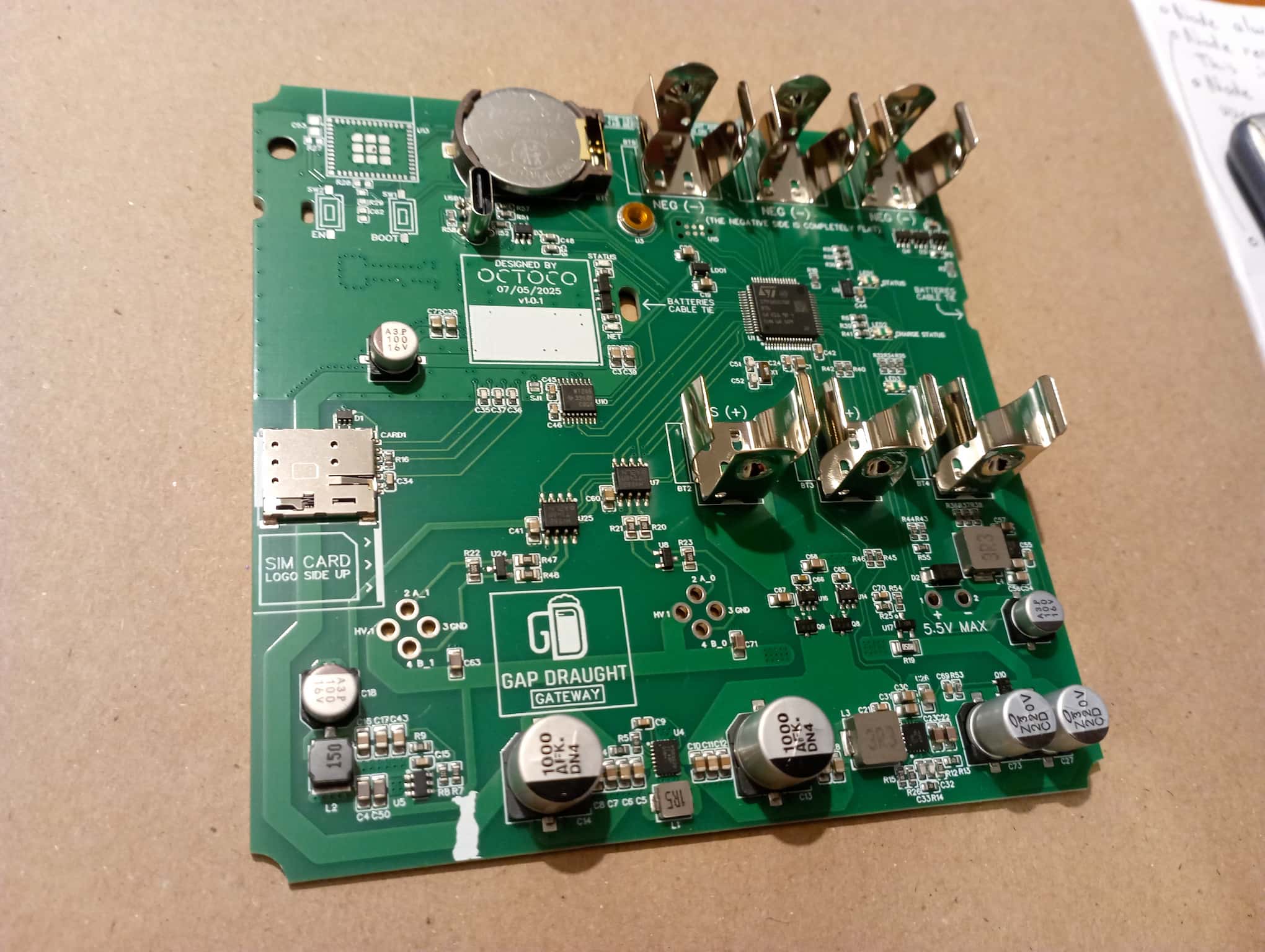 An actual gateway PCB with two 18650 cells inserted.